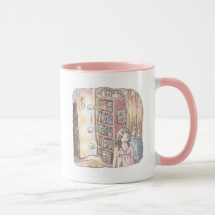 A dim object and a woman's illustration floating b mug
