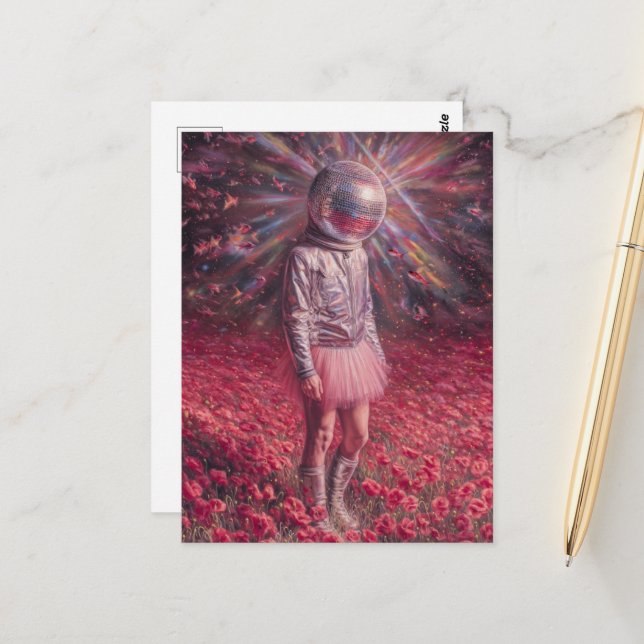 A disco astronaut in a poppy meadow pink tutu postcard (Front/Back In Situ)