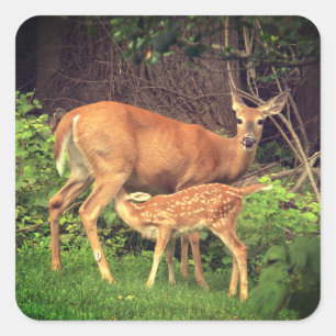 A doe and her fawn square sticker