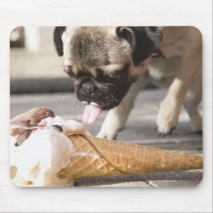 A dog eating an ice cream from a pavement mouse pad