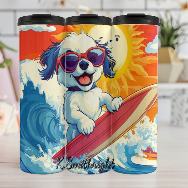 A Dog Surfing a Big Wave Thermal Tumbler (Creator Uploaded)