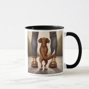 A dog walks with his master. mug