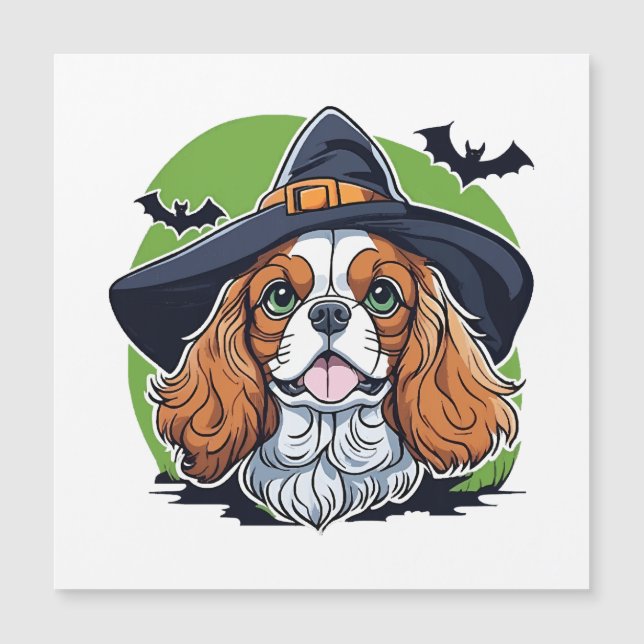 A dog wearing a witches hat with bats (Front)
