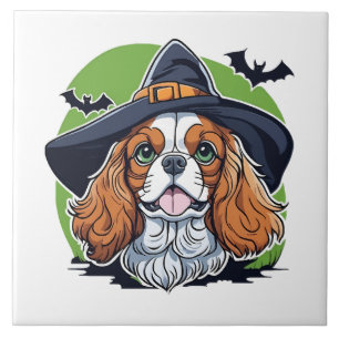 A dog wearing a witches hat with bats ceramic tile
