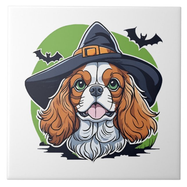 A dog wearing a witches hat with bats ceramic tile (Front)