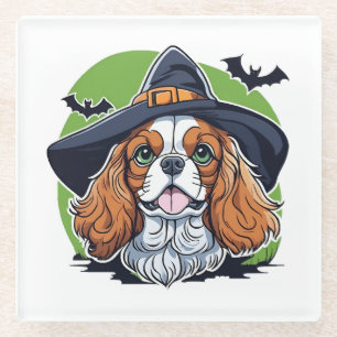 A dog wearing a witches hat with bats glass coaster