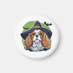 A dog wearing a witches hat with bats magnet