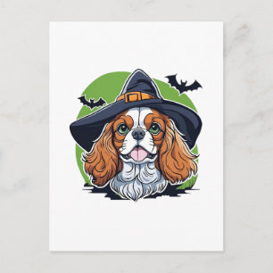 A dog wearing a witches hat with bats postcard
