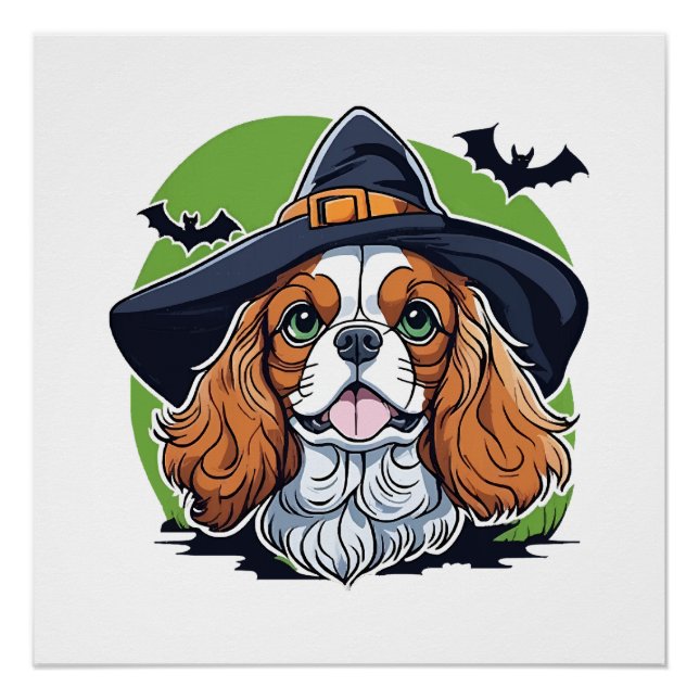 A dog wearing a witches hat with bats poster (Front)