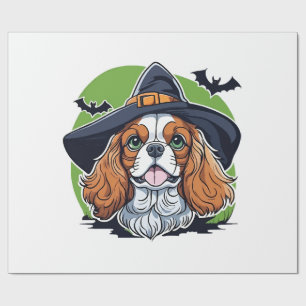 A dog wearing a witches hat with bats wrapping paper