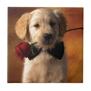 A Dog With A Flower Ceramic Tile