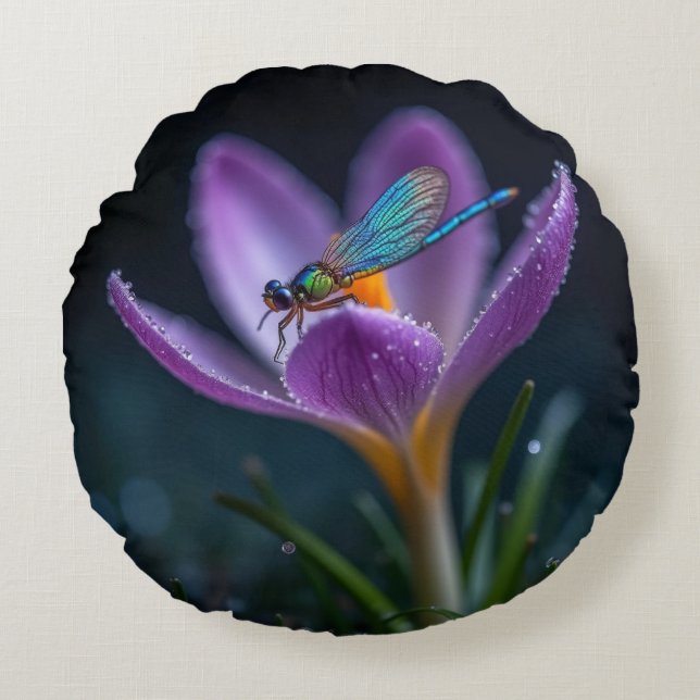A dragonfly on a crocus flower round cushion (Front)