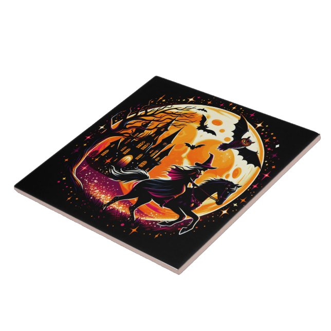 A Dramatic Halloween Horse Ride Under A Full Moon Ceramic Tile (Side)
