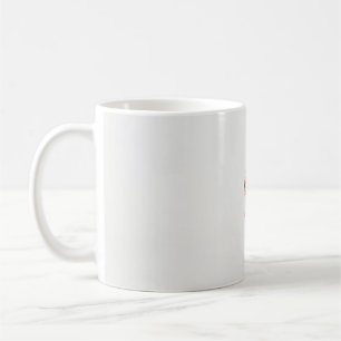 a drawing of a red flower and leaves on a white ba coffee mug