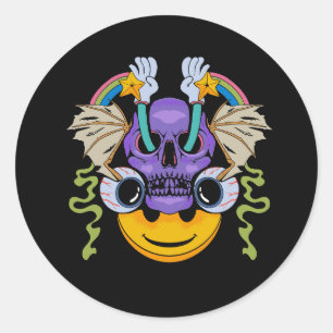 A drawing of a skull with a colourful face classic round sticker