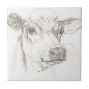 A drawing of a young cow ceramic tile