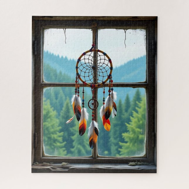 A Dreamcatcher in a Window overlooking Mountains Jigsaw Puzzle (Vertical)