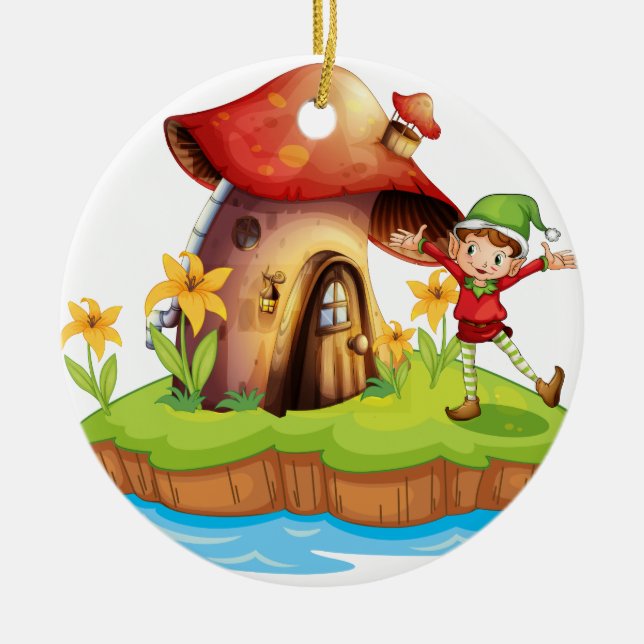 A dwarf outside a mushroom house ceramic tree decoration (Front)