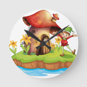 A dwarf outside a mushroom house round clock