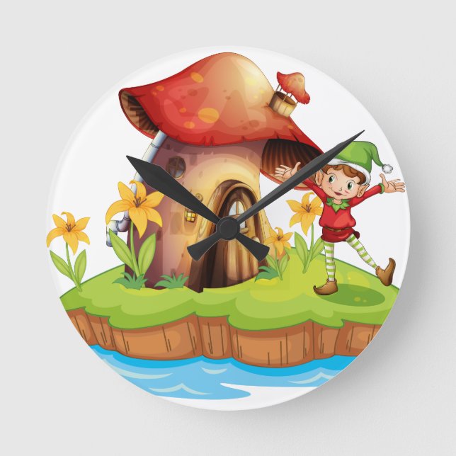 A dwarf outside a mushroom house round clock (Front)