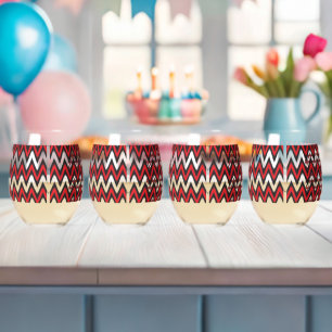 A dynamic chevron pattern in red and black, featur stemless wine glass