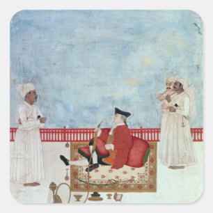 A European Seated on a Terrace with Attendants Square Sticker