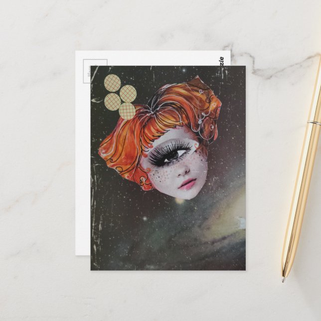 A face with single eye space mixed media collage postcard (Front/Back In Situ)