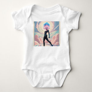A faceless person holding a mask baby bodysuit