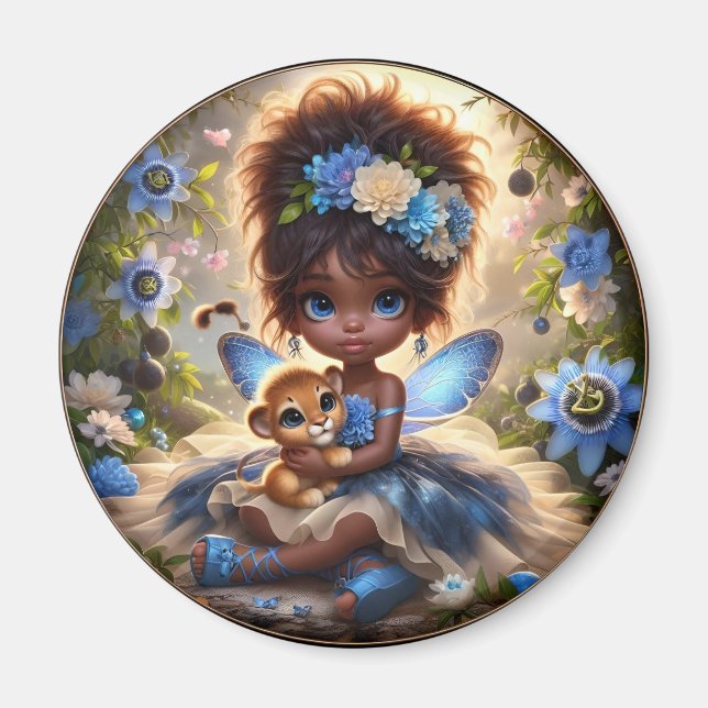 A Fairy and her Lion Cub Blue Magnet (Front)