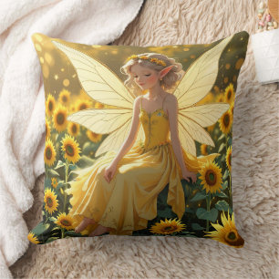 A Fairy with Sunflower Background Cushion