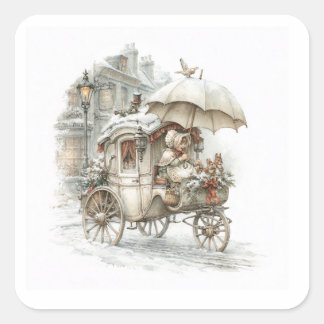 a fairytale carriage with a girl on a winter stree square sticker