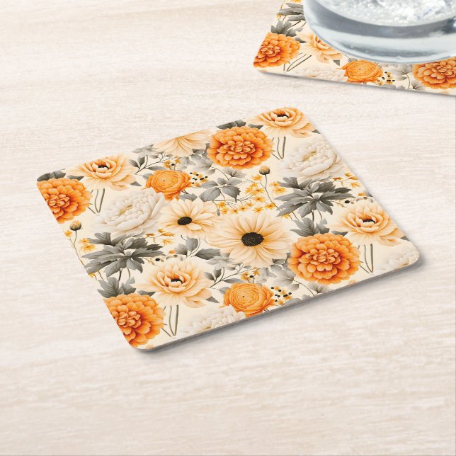 A Fall Floral Series Design 1 Square Paper Coaster (Angled)