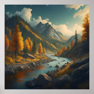 a fall landscape with trees, mountains, and a rive poster