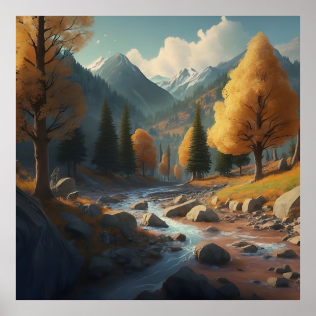 a fall landscape with trees, mountains, and a rive poster (Front)
