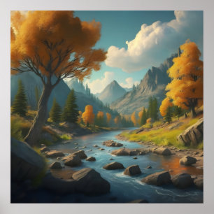 a fall landscape with trees, mountains, and a rive poster