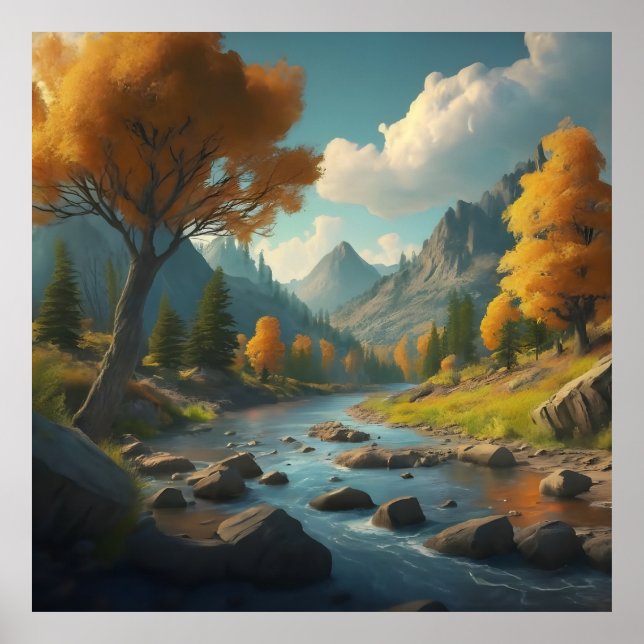 a fall landscape with trees, mountains, and a rive poster (Front)