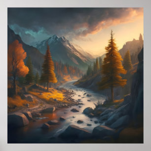a fall landscape with trees, mountains, and a rive poster