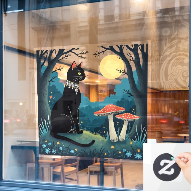 A Familiar Black Cat And Toadstools Halloween 1 (Cafe Window)