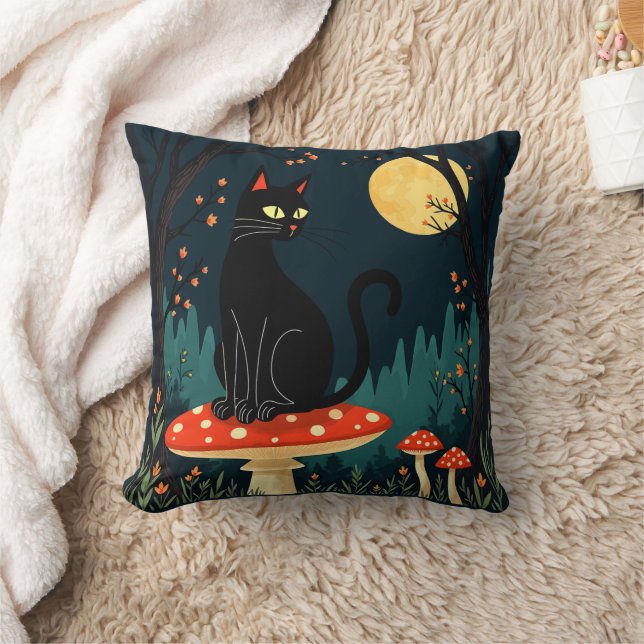 A Familiar Black Cat And Toadstools Halloween 3 Cushion (Blanket)