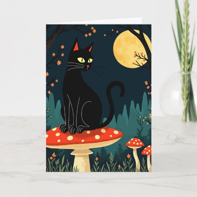 A Familiar Black Cat And Toadstools Halloween 3 Holiday Card (Front)