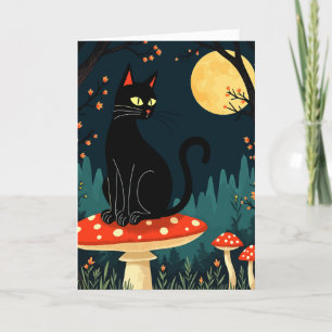 A Familiar Black Cat And Toadstools Halloween 3 Holiday Card