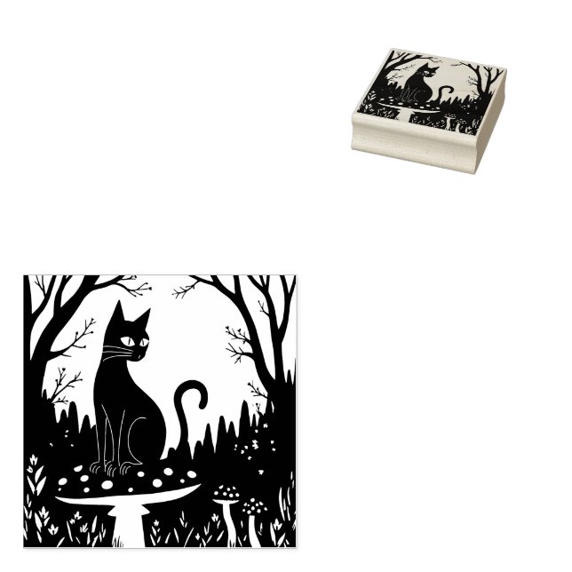 A Familiar Black Cat And Toadstools Halloween 3 Rubber Stamp (Stamped)