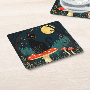 A Familiar Black Cat And Toadstools Halloween 3 Square Paper Coaster