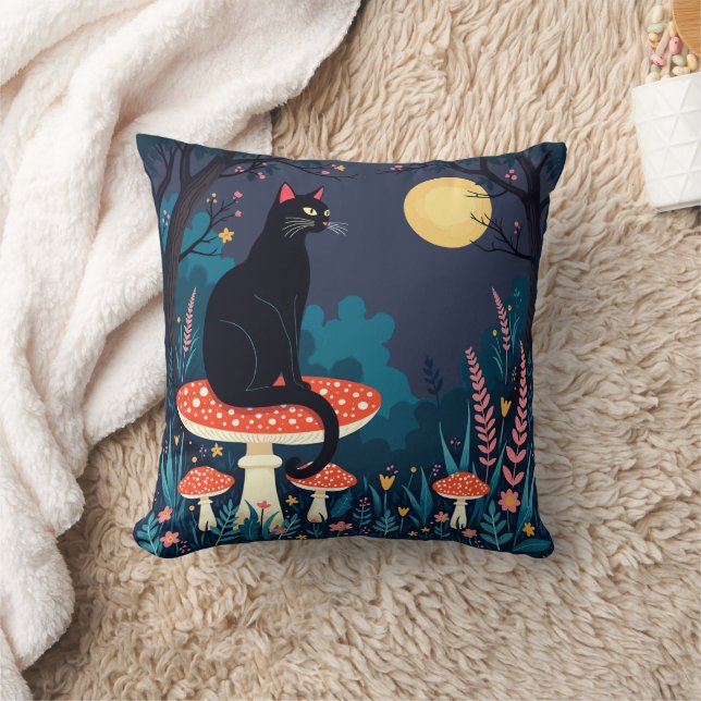 A Familiar Black Cat And Toadstools Halloween 4 Cushion (Blanket)