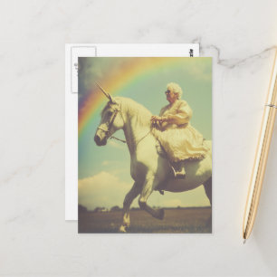 A Fantasy Elderly Woman Riding a Unicorn Postcard