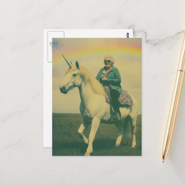 A Fantasy Elderly Woman Riding a Unicorn Postcard (Front/Back In Situ)