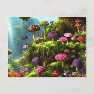 A fantasy forest full of mushrooms postcard