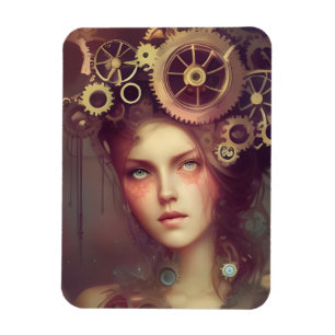 A fantasy woman with steampunk gears on her head magnet