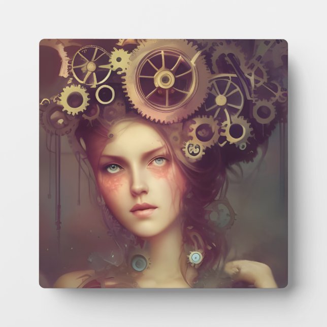 A fantasy woman with steampunk gears on her head plaque (Front)