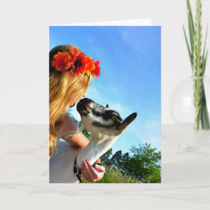 A Farm Girl And Her Goat - Blank Greeting Card